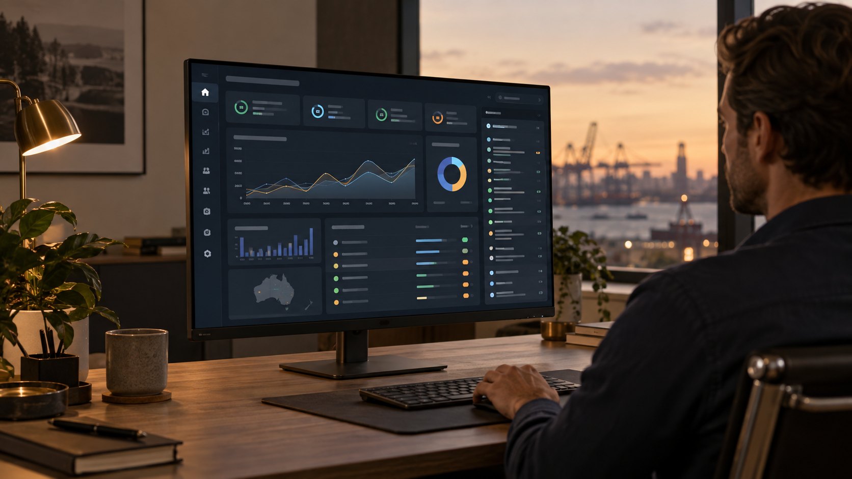 Business dashboard with charts, job status and priorities on an office monitor