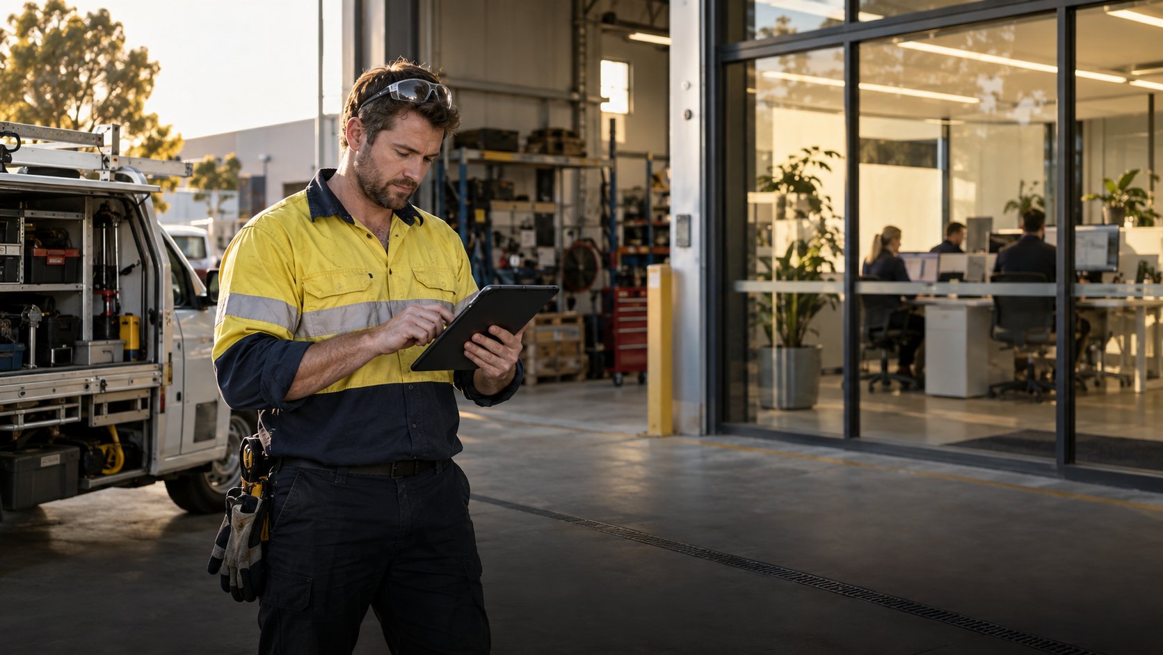 Field technician using a tablet beside a connected office team