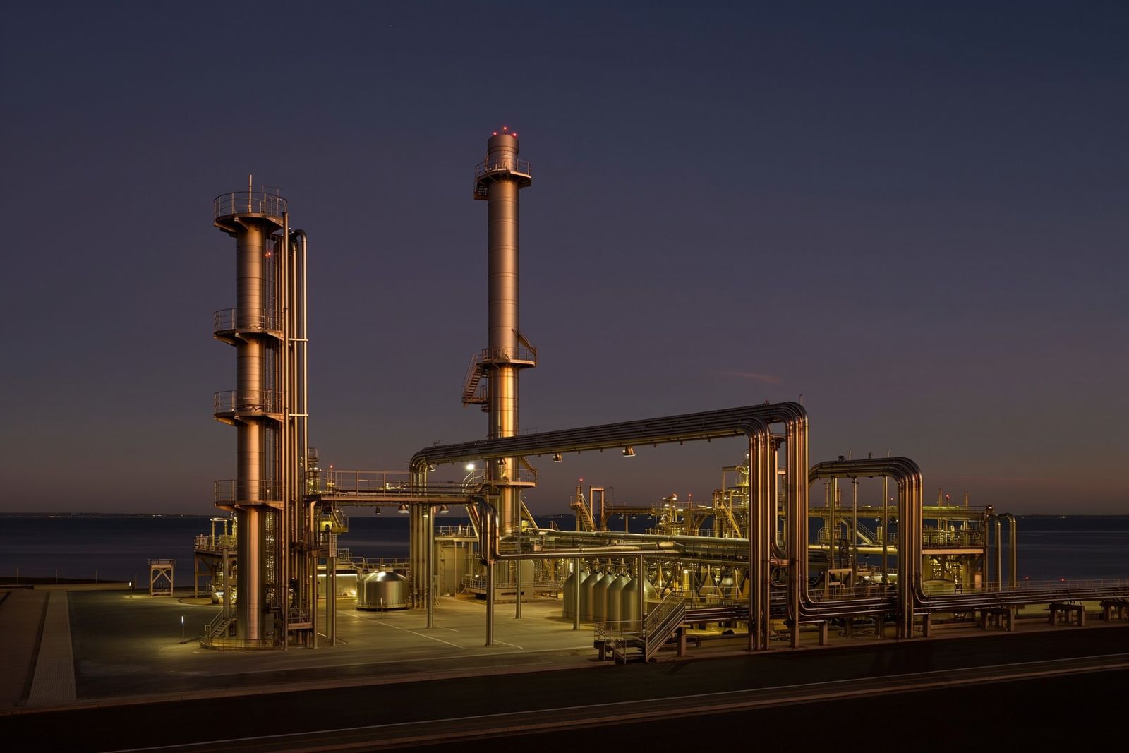 Energy processing infrastructure illuminated at dusk