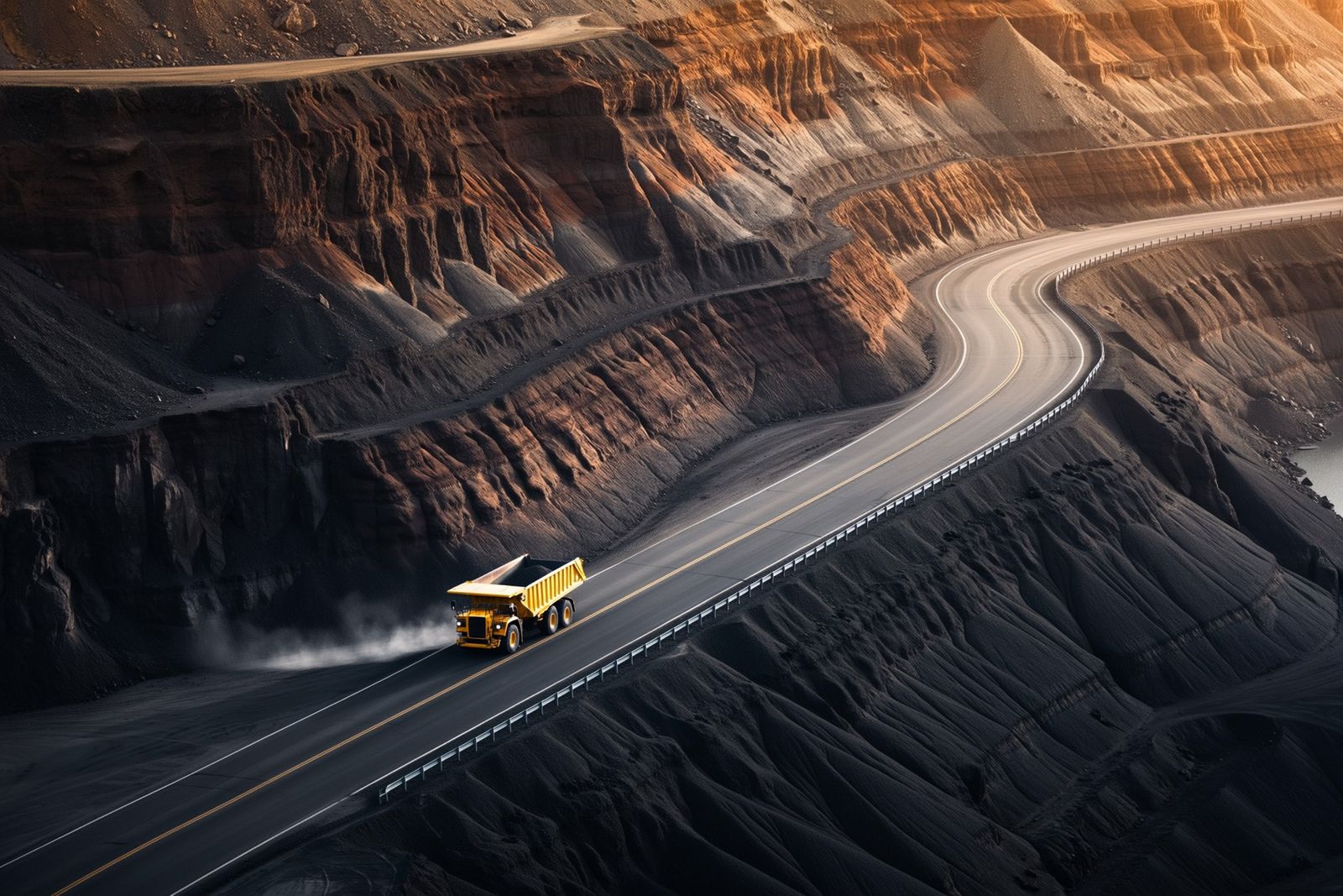 Open-cut mining landscape and haul roads at sunset