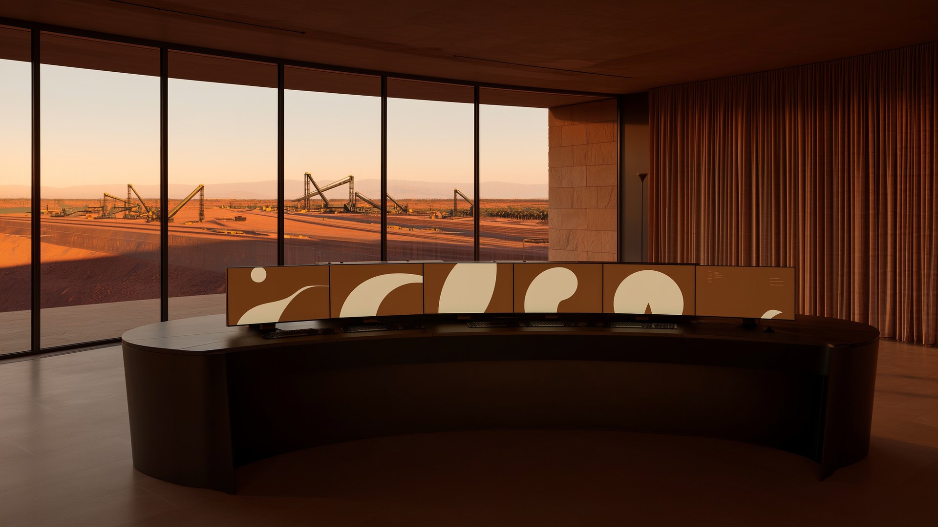 Modern operations workspace overlooking industrial activity