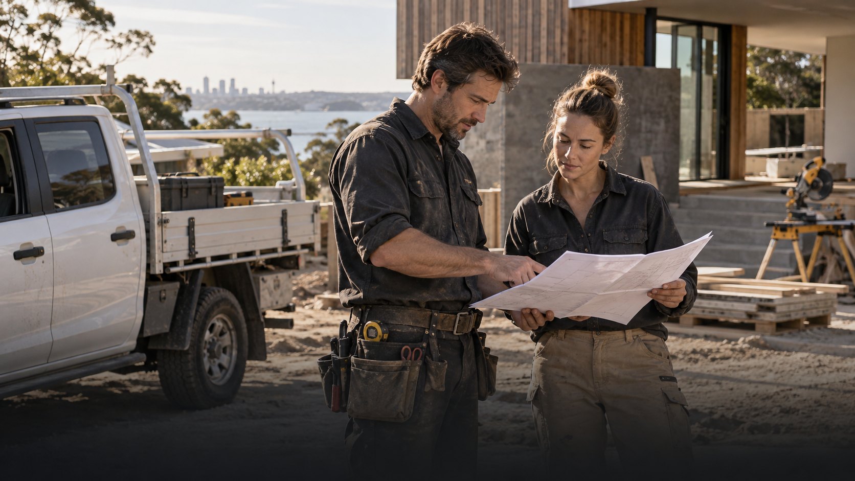 Two local tradespeople reviewing plans at an Australian job site