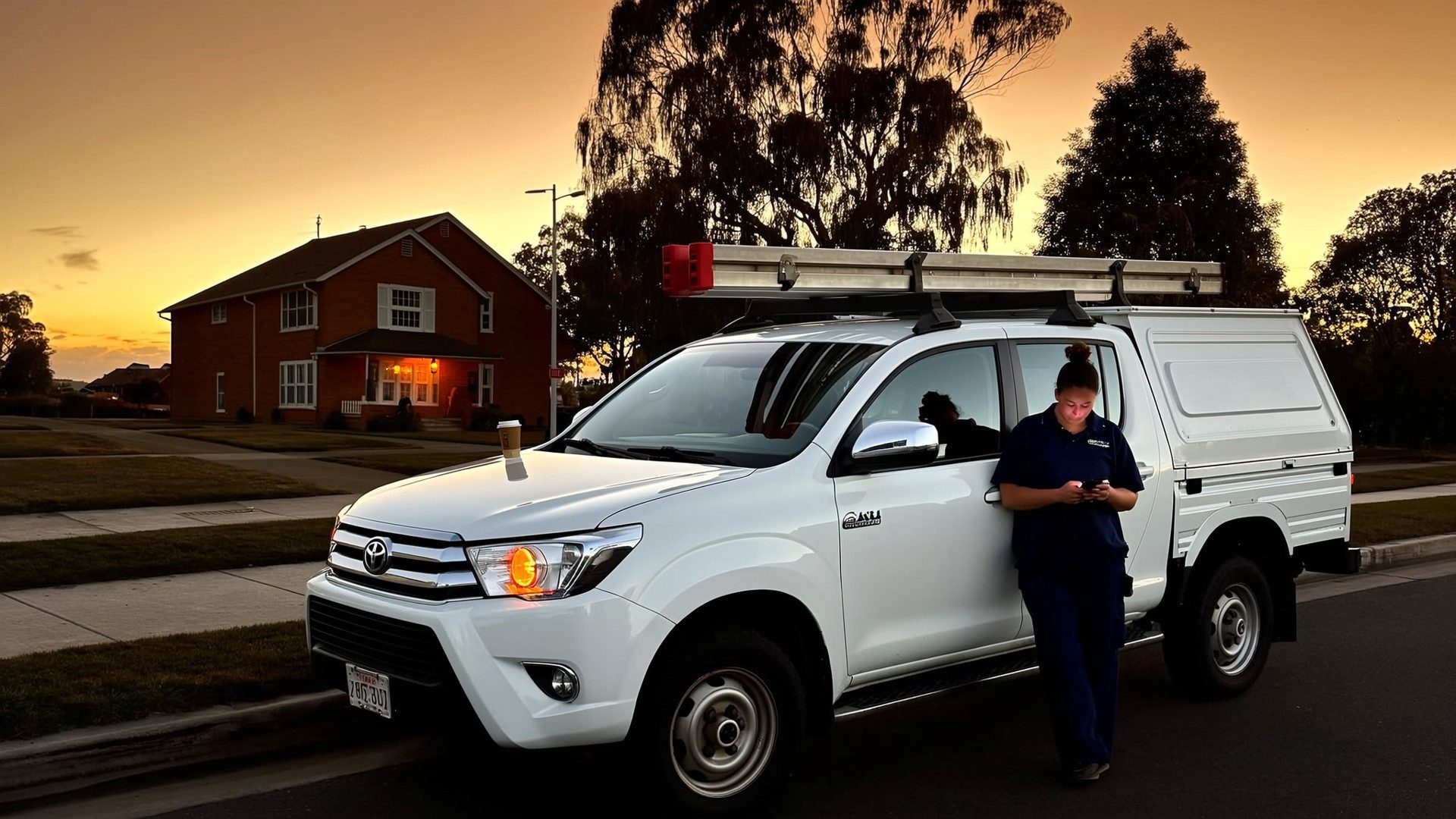 A tradeswoman leans on her ute at dawn, checking the day's jobs on her phone
